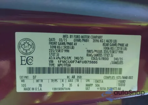 2015 Ford Escape S из США, поврежденный, VIN 1FMCU0F74FUB75886